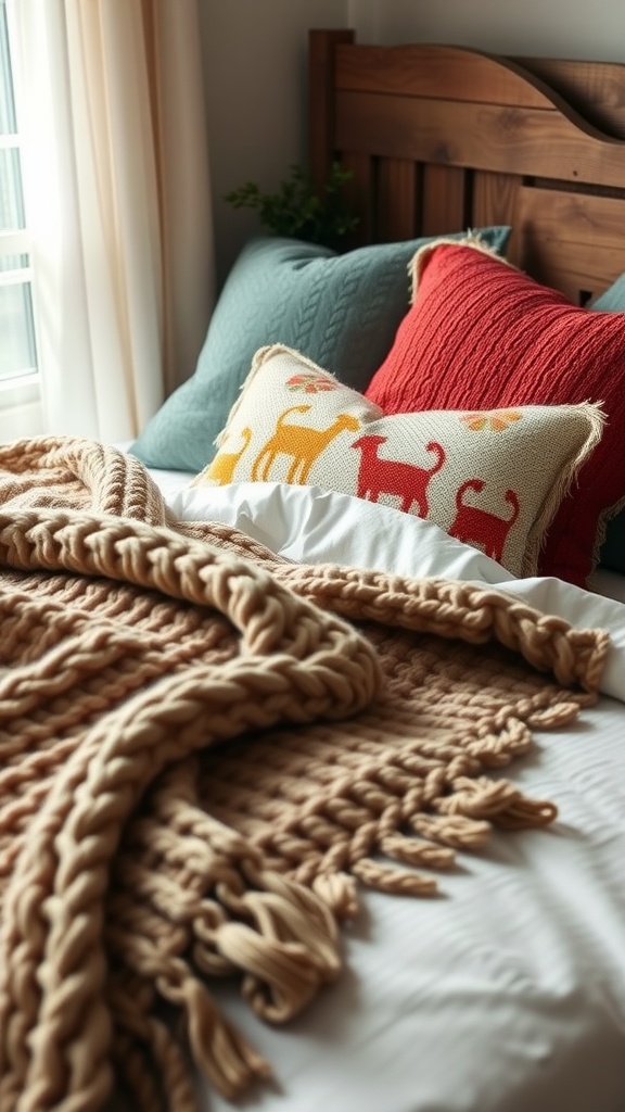 A cozy bed with colorful pillows and a knitted throw blanket.
