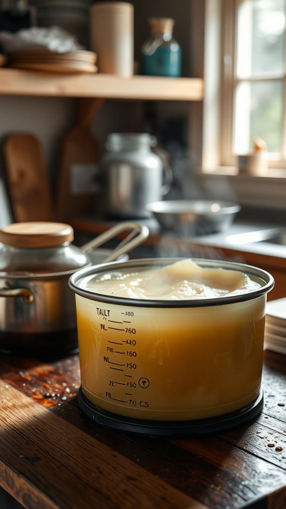 A container of beef tallow on a wooden kitchen table.