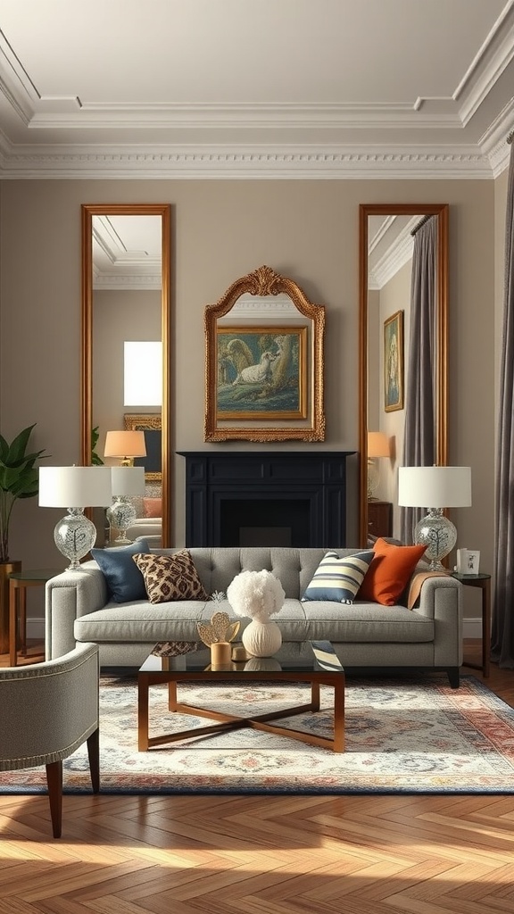 A modern living room featuring tall mirrors, a cozy sofa, and warm lighting.