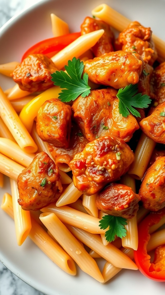 Delicious spicy Cajun chicken served with penne pasta and garnished with herbs.