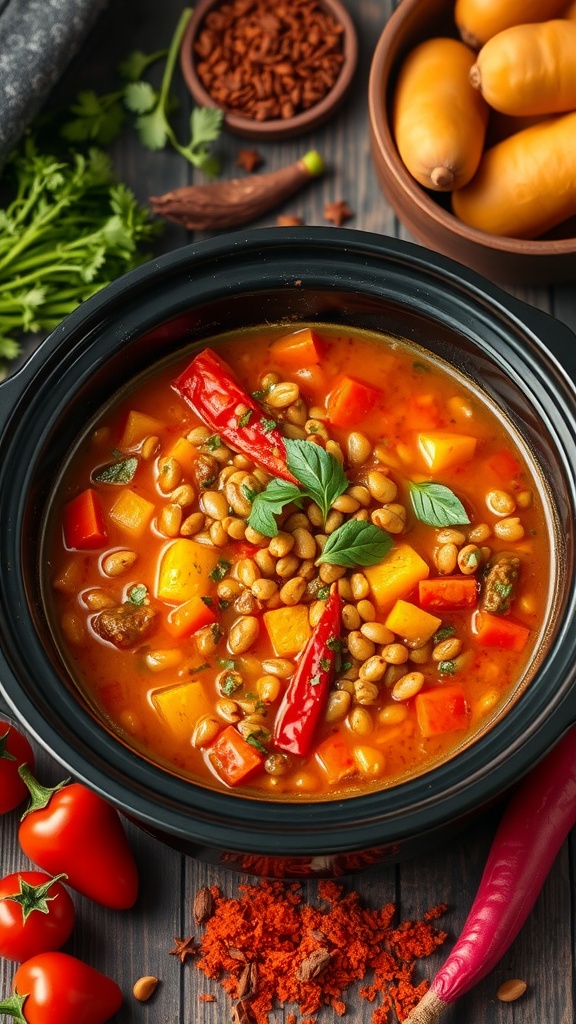 A hearty bowl of spicy lentil and vegetable stew, filled with colorful vegetables and garnished with fresh herbs.