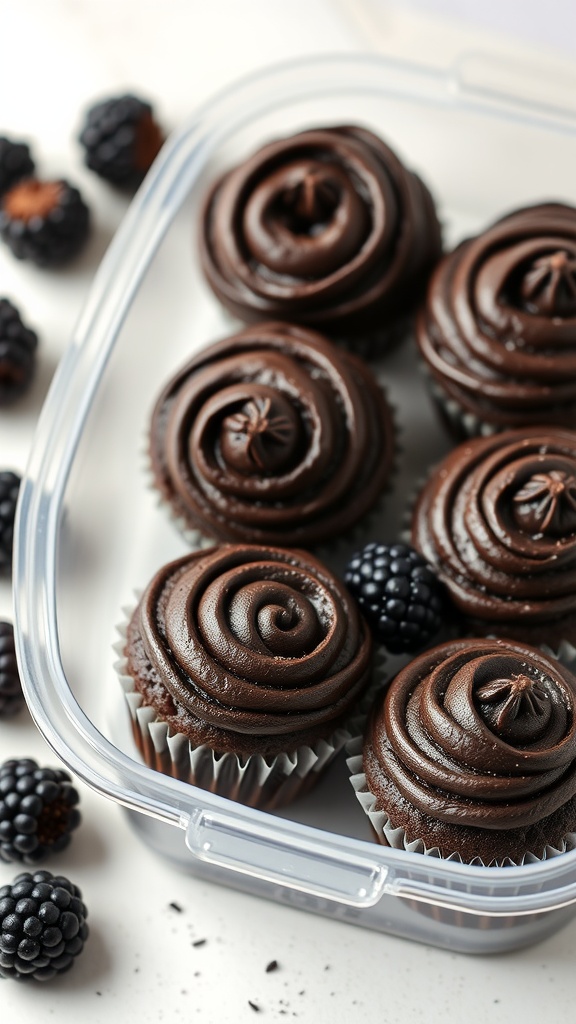A container of moist dark chocolate blackberry cupcakes with blackberry frosting.