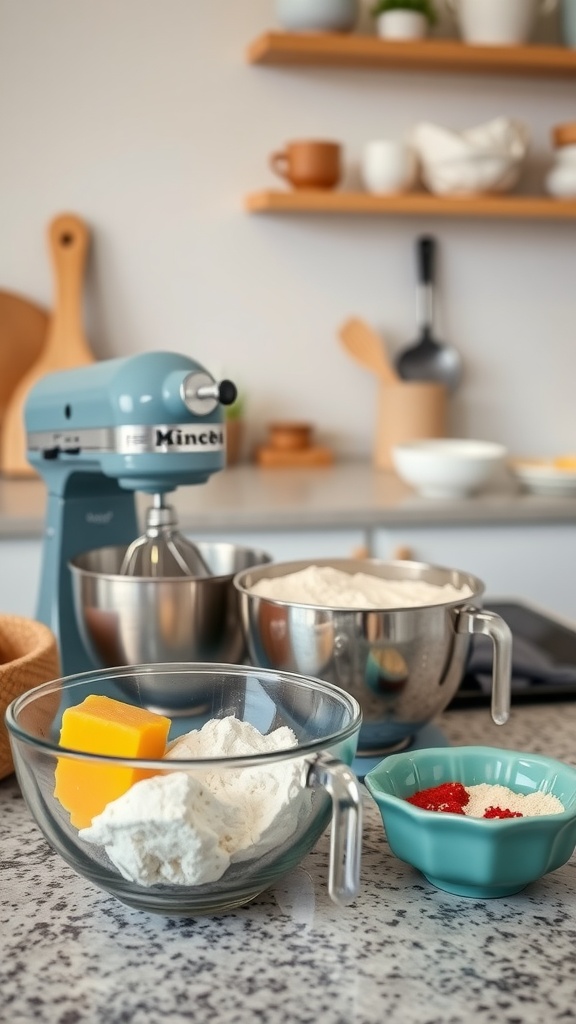 A stylish set of mixing bowls in a kitchen setting, featuring a blue mixer, ingredients, and a clean countertop.