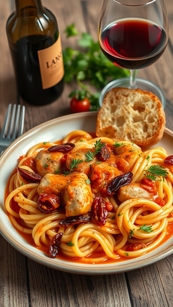 A plate of sun-dried tomato chicken pasta with a glass of red wine and a piece of bread.