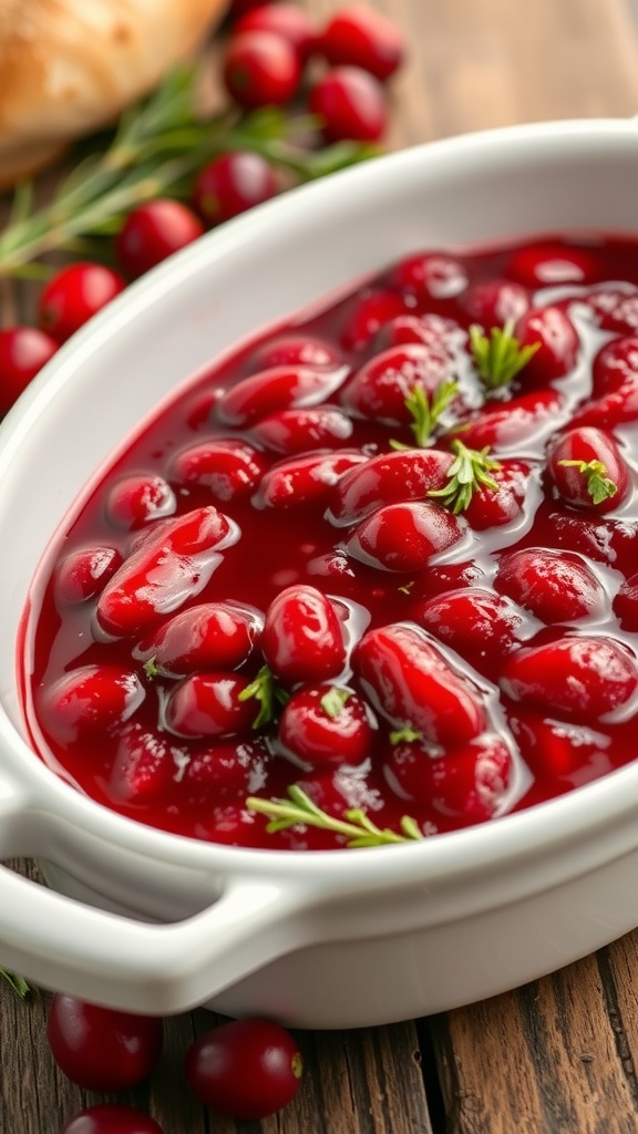 A bowl of cranberry sauce with whole cranberries in a glossy red syrup, garnished with fresh herbs.