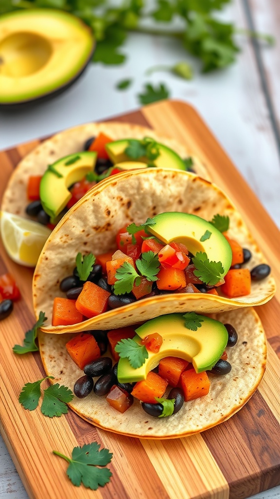 Delicious sweet potato and black bean tacos served on a wooden board with toppings