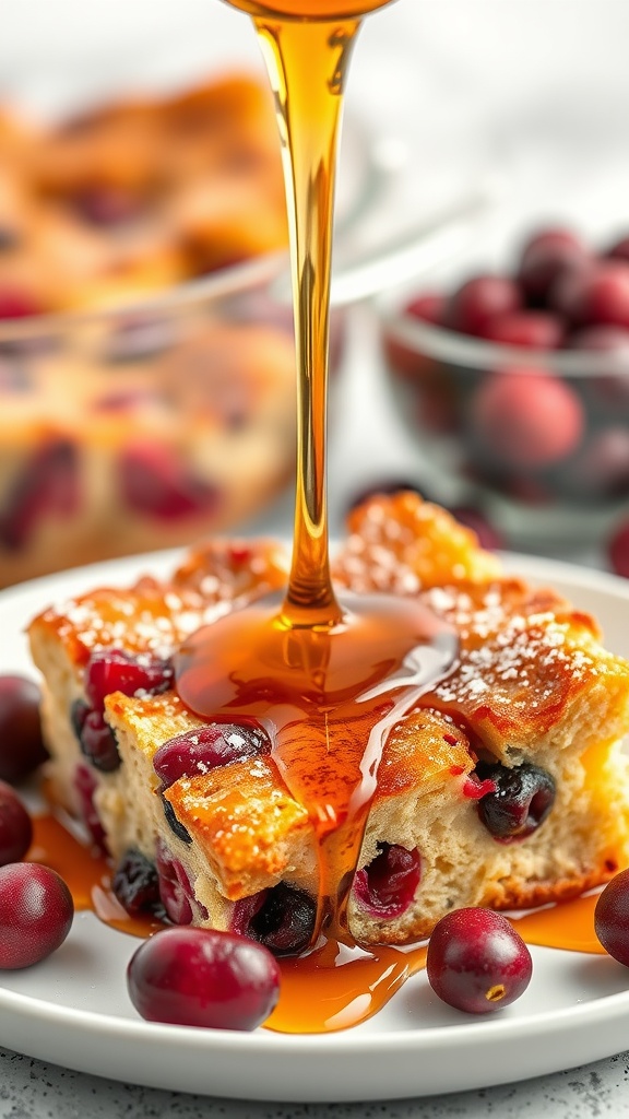 Warm syrup being drizzled over a slice of Sour Cream Cranberry French Toast Casserole with cranberries on the plate.