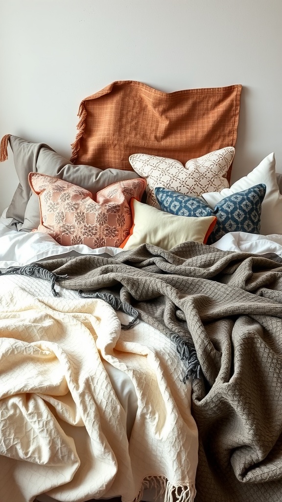A bed with various layers of textiles, including throws and decorative pillows, creating a cozy atmosphere.