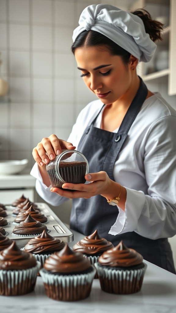 A baker decorating dark chocolate cupcakes with blackberry frosting in a bright kitchen.
