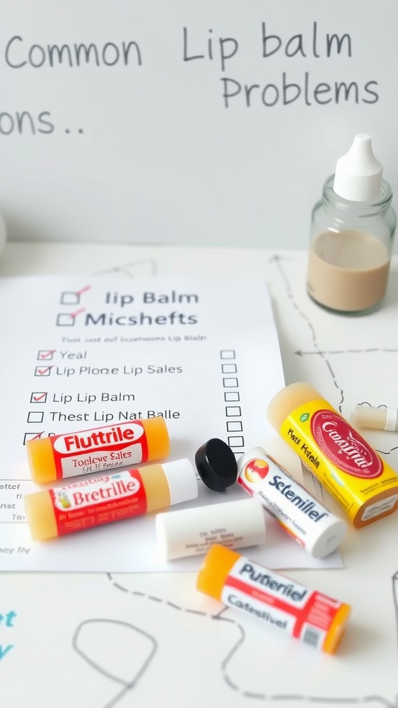 A collection of lip balms and a checklist discussing common lip balm problems.