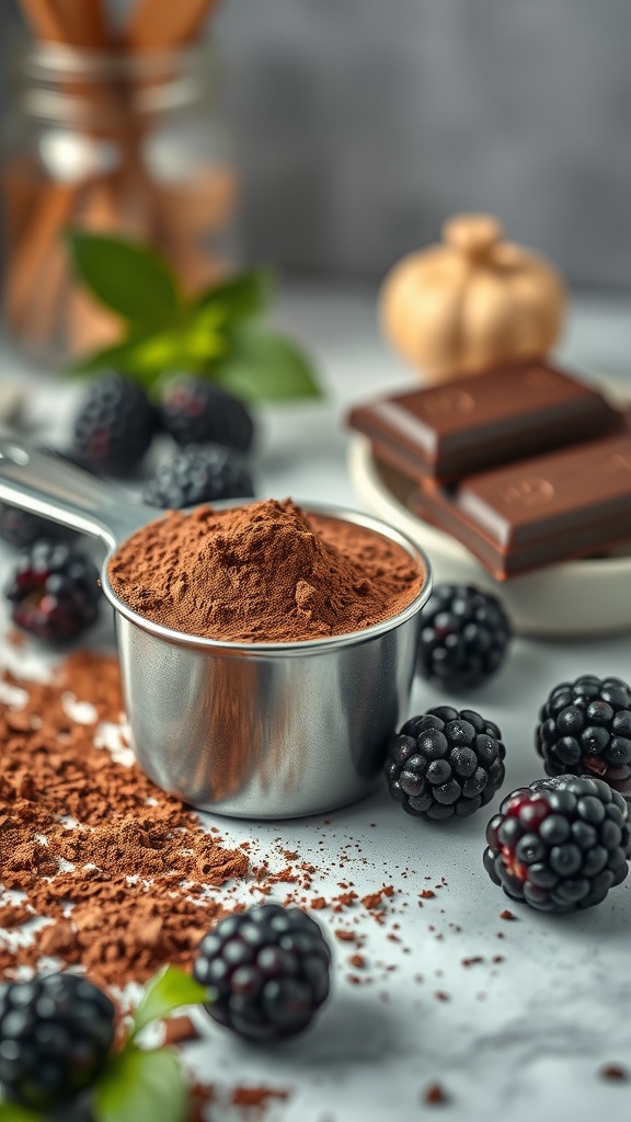 A measuring cup of cocoa powder surrounded by fresh blackberries and chocolate bars.