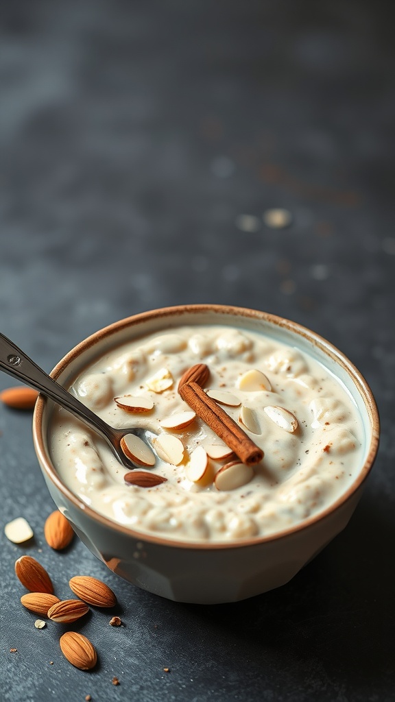 Bowl of vanilla almond cinnamon roll overnight oats with a spoon, topped with almonds and a cinnamon stick.