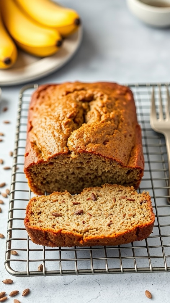 Vegan banana bread loaf with slices, surrounded by bananas and flaxseeds.