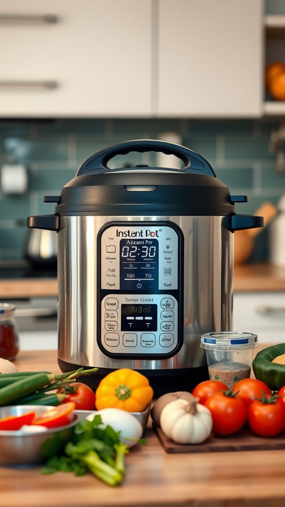 A close-up of an Instant Pot surrounded by fresh vegetables and ingredients.