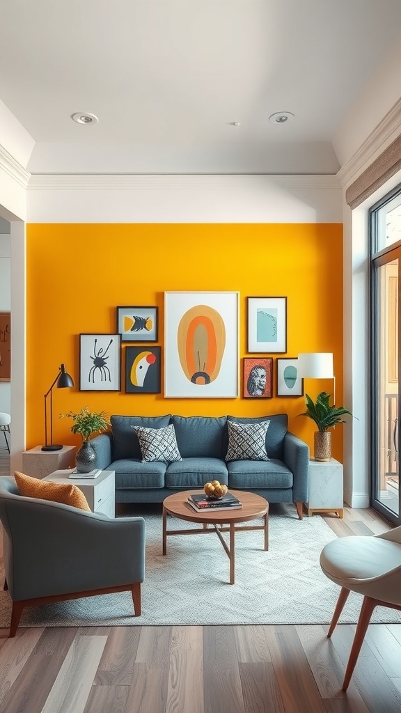 Bright orange accent wall with artwork in a modern living room featuring a blue sofa and a wooden coffee table.