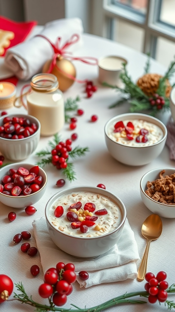 A festive breakfast table featuring white chocolate cranberry overnight oats in bowls, garnished with cranberries and nuts, surrounded by holiday decor.