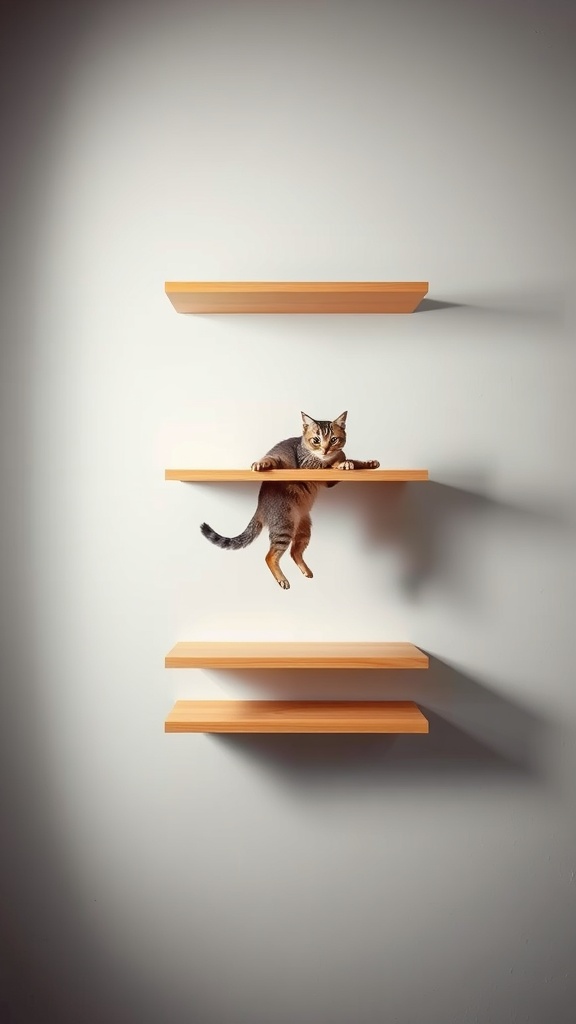 Cat jumping on wall-mounted shelves.