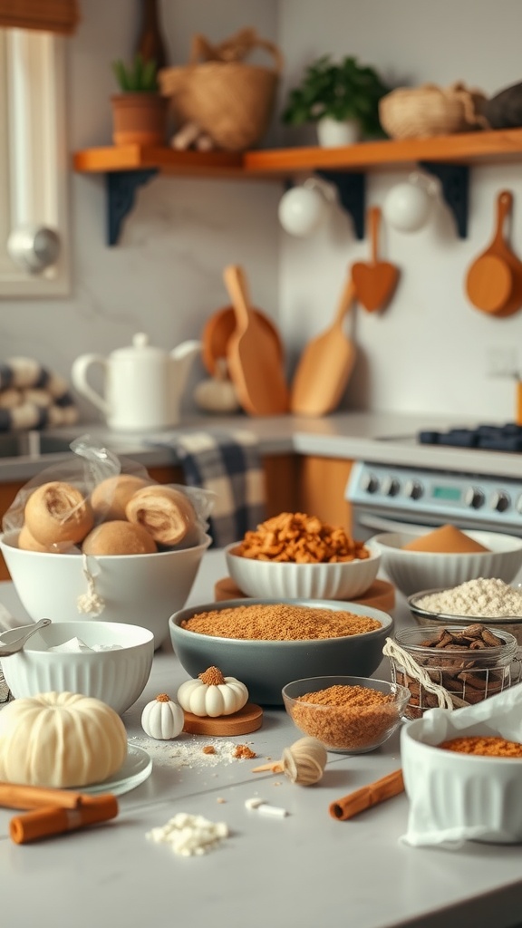 A cozy kitchen scene with various ingredients for baking, including cinnamon, vanilla, and bowls of flour and sugar.