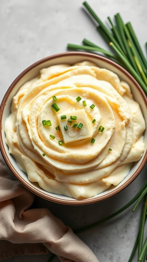 Creamy whipped garlic mashed potatoes with chives in a bowl.