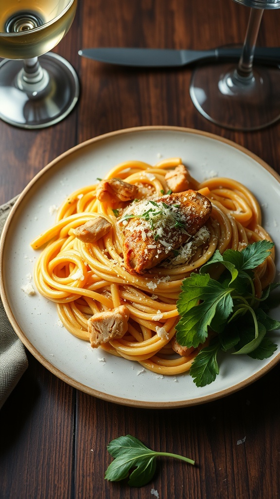 A plate of white wine chicken spaghetti garnished with parsley.