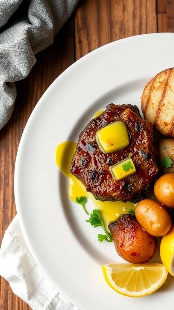 Garlic butter steak bites with potatoes and zesty lemon butter drizzle