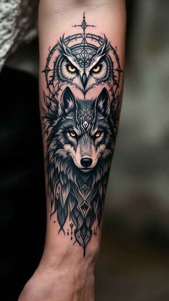 Tatuagem de um lobo e uma coruja em um braço, com detalhes intricados.