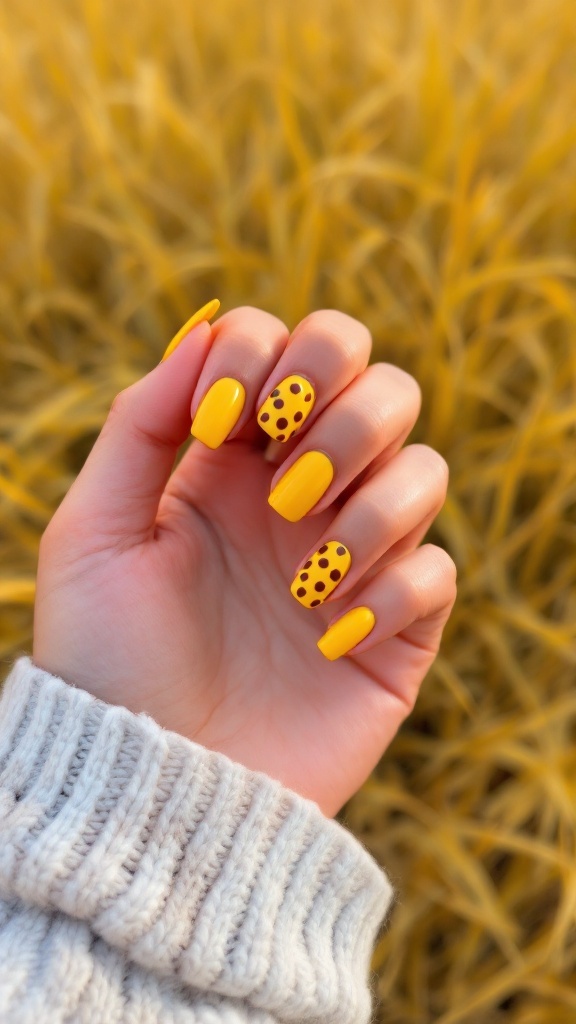 Bright yellow nails with brown dots