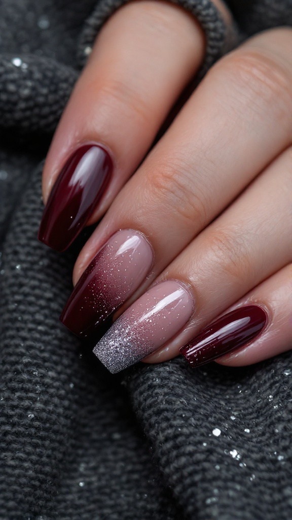 Burgundy nails with a silver glitter gradient