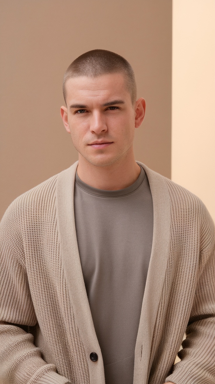 A young man with a buzz cut, wearing a light beige cardigan over a gray shirt, looking confidently at the camera.