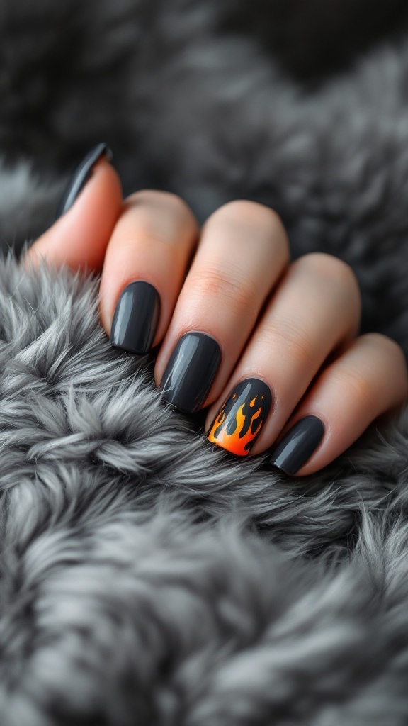 Charcoal grey nails with orange flame designs