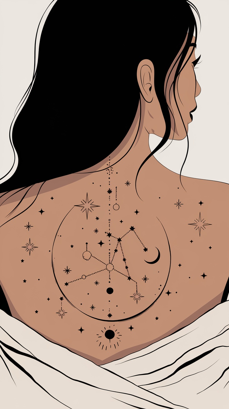 Tatuagem de constelações em uma mulher, com estrelas e um design elegante.