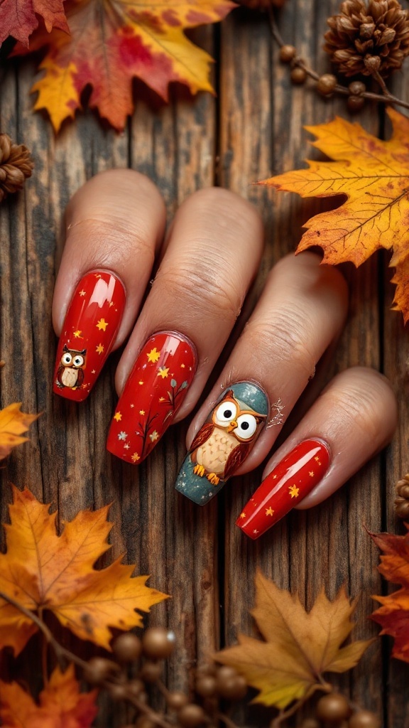 Nails painted in coppery red with owl illustrations and autumn leaves