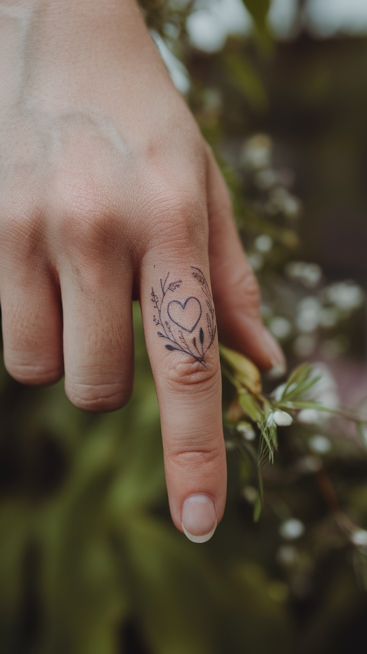 Uma tatuagem delicada de coração com elementos florais na mão