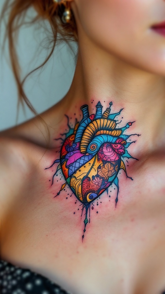 Tatuagem de coração colorido no pescoço com detalhes florais