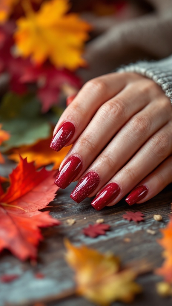 A hand with cranberry red nails featuring glitter tips, surrounded by autumn leaves.