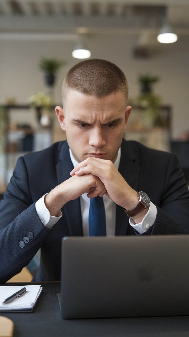 A man with a crew cut wearing a suit, sitting at a desk with his hands clasped, looking focused on a laptop.