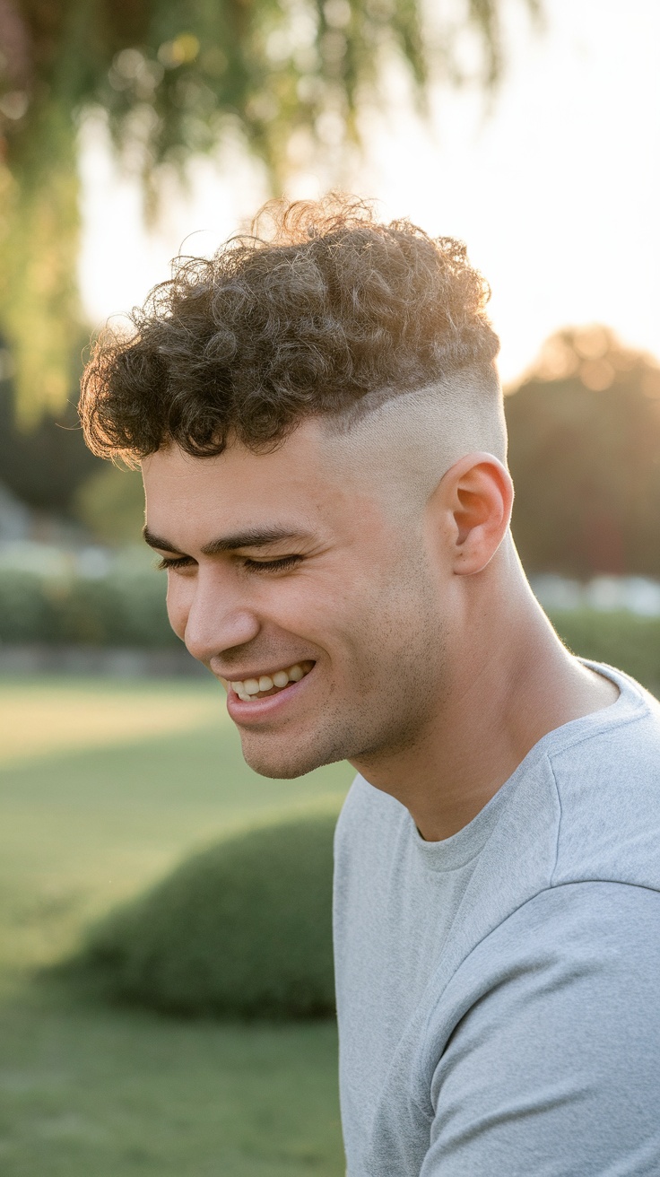 A young man with curly hair styled on top and tapered sides, smiling outdoors.