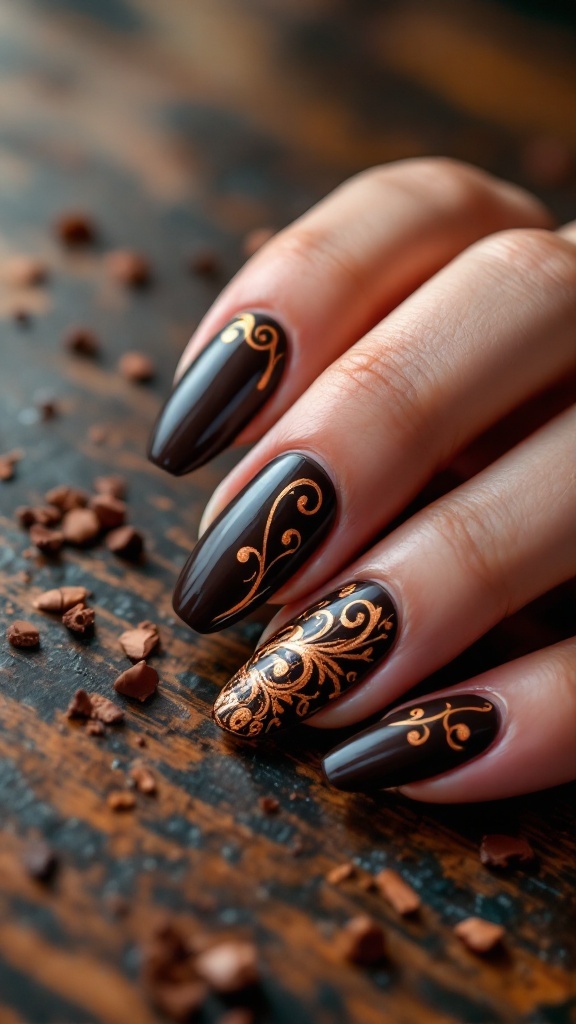 Dark chocolate nail design with copper swirls and elegant patterns.