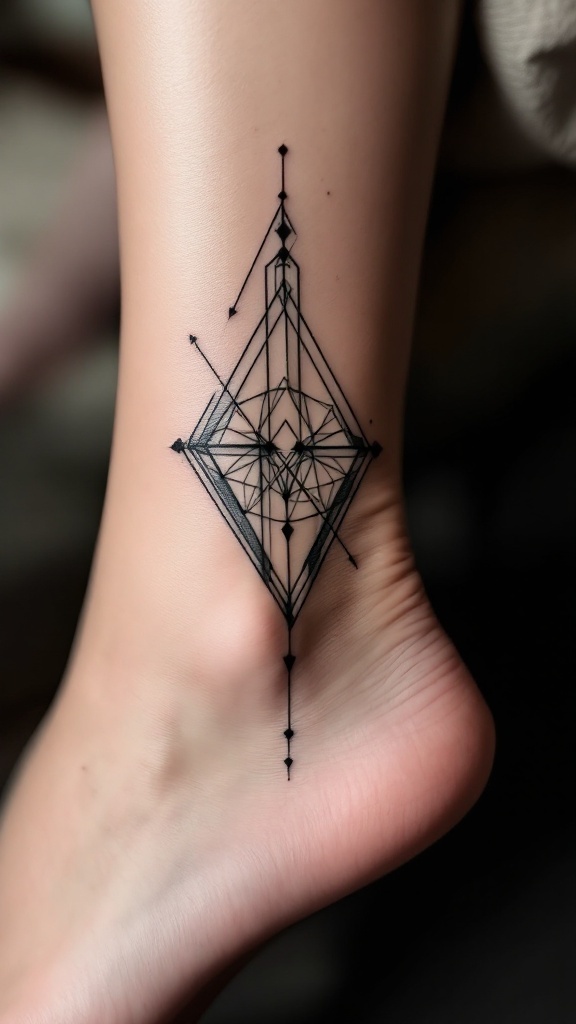 Tatuagem geométrica em um tornozelo, apresentando um design intricado em preto.