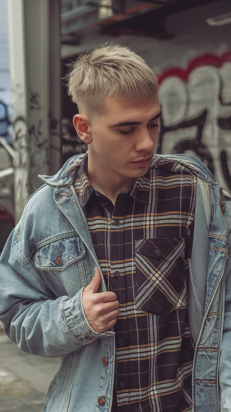 A young man with a disconnected undercut hairstyle, wearing a denim jacket and a plaid shirt.