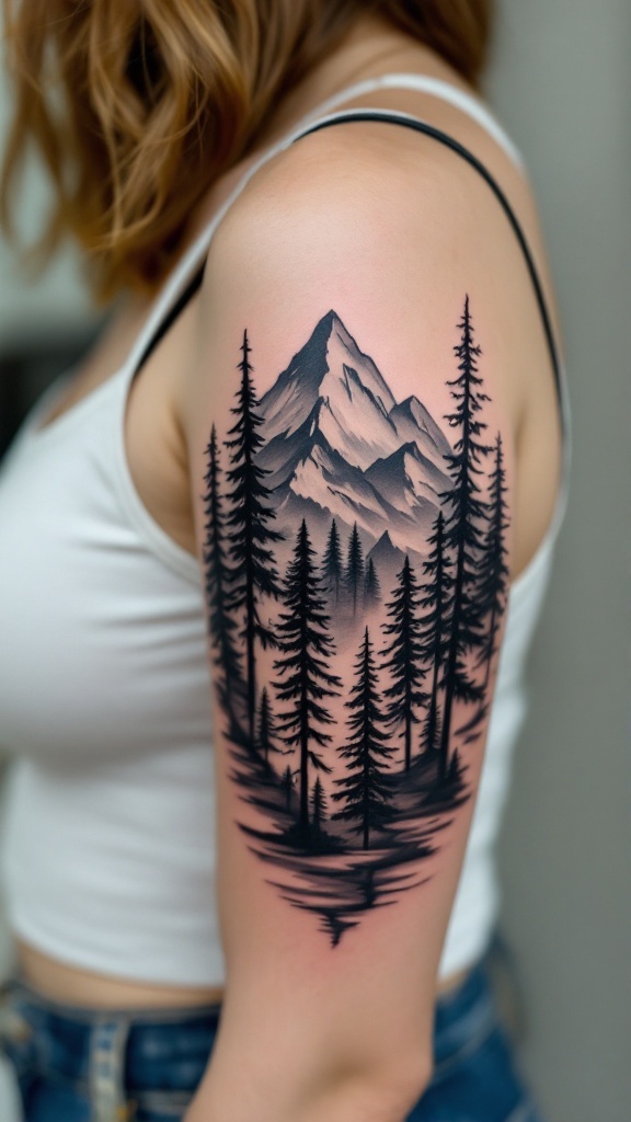 Tatuagem de natureza em um braço feminino, apresentando montanhas e árvores