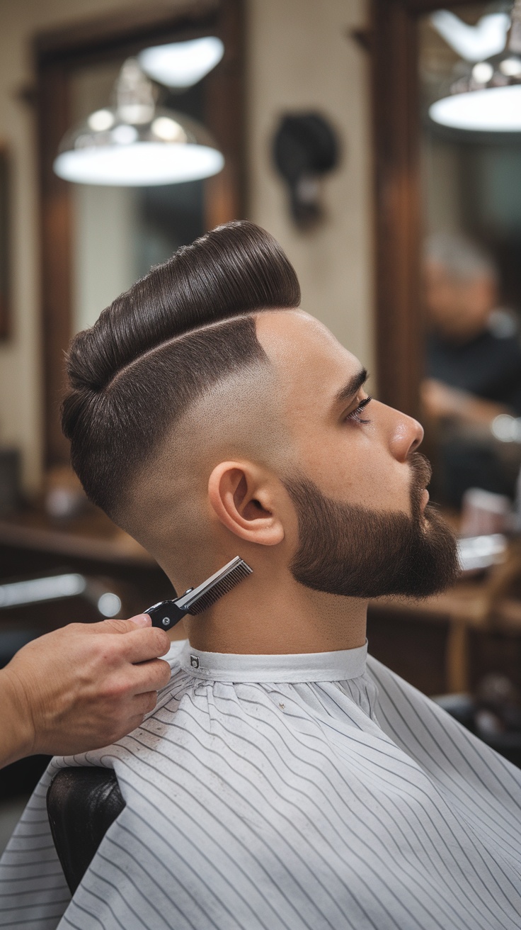 A man getting a fade haircut with a beard in a barbershop.