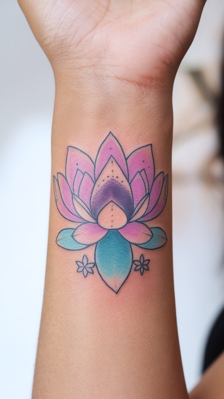 Tatuagem de flor de lótus colorida no pulso