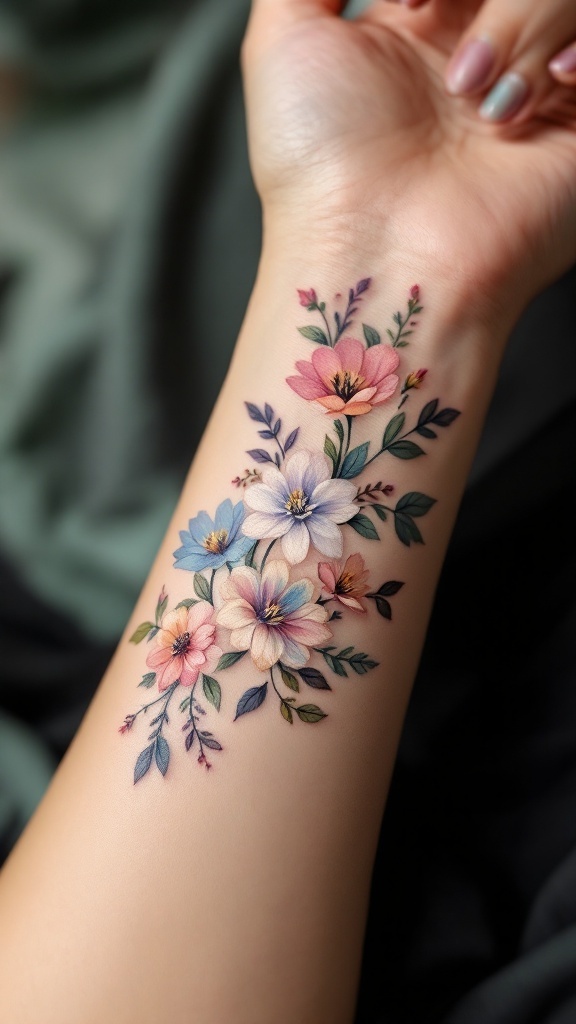 Tatuagem de flores delicadas em um braço