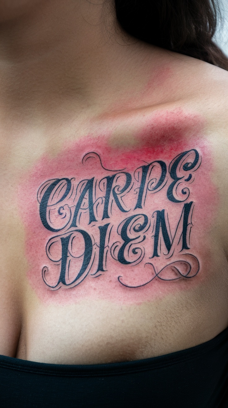 Tatuagem com a frase 'Carpe Diem' em destaque no peito.