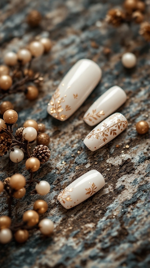 Nail design featuring ivory base with golden leaf accents on a wooden background.