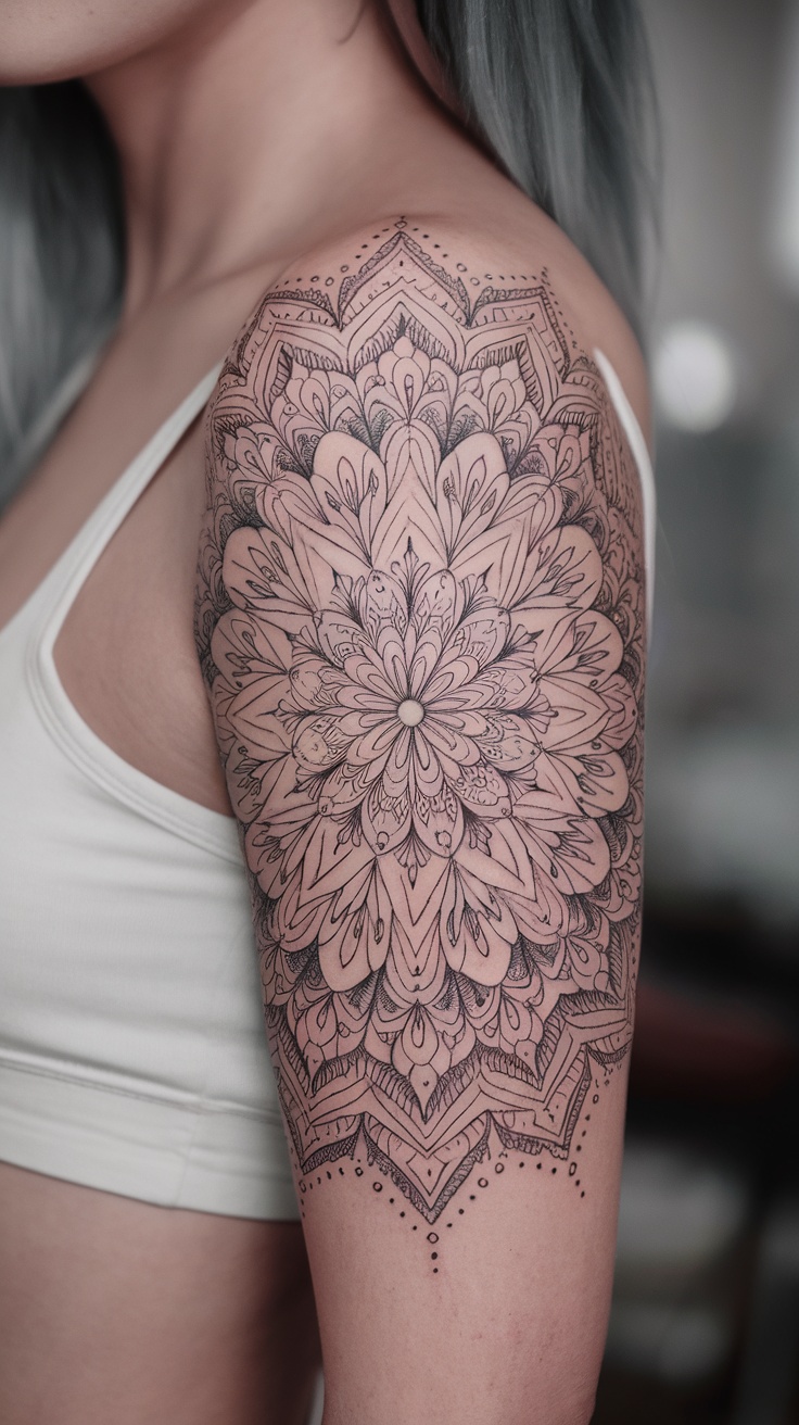 Tatuagem de mandala em um braço feminino, destacando detalhes intricados e simétricos.