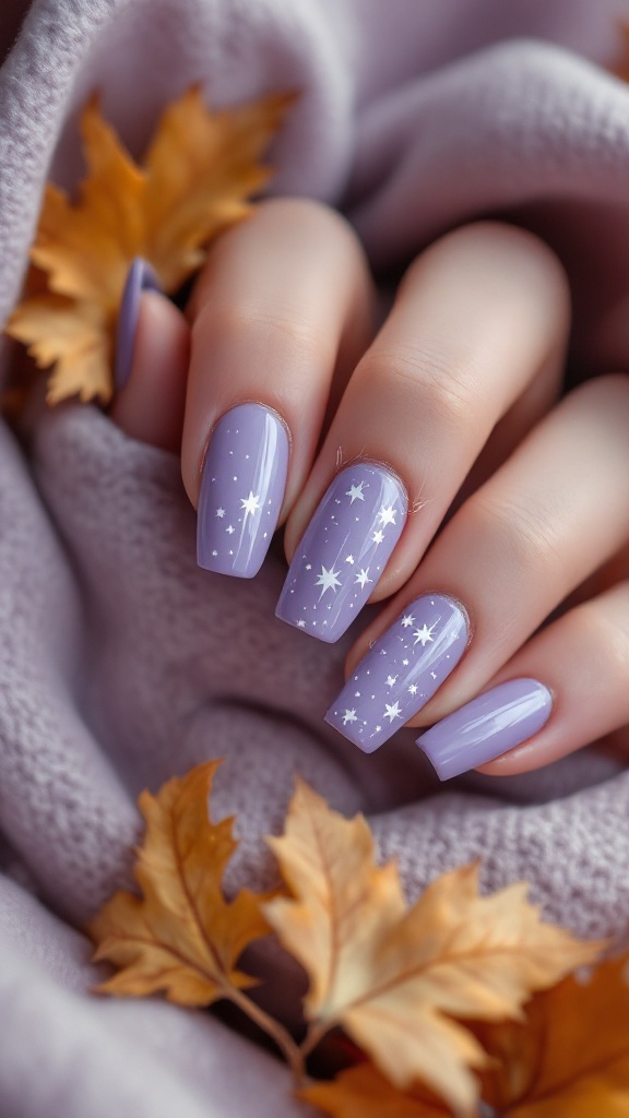Muted lavender nails with star designs against a cozy backdrop of leaves.