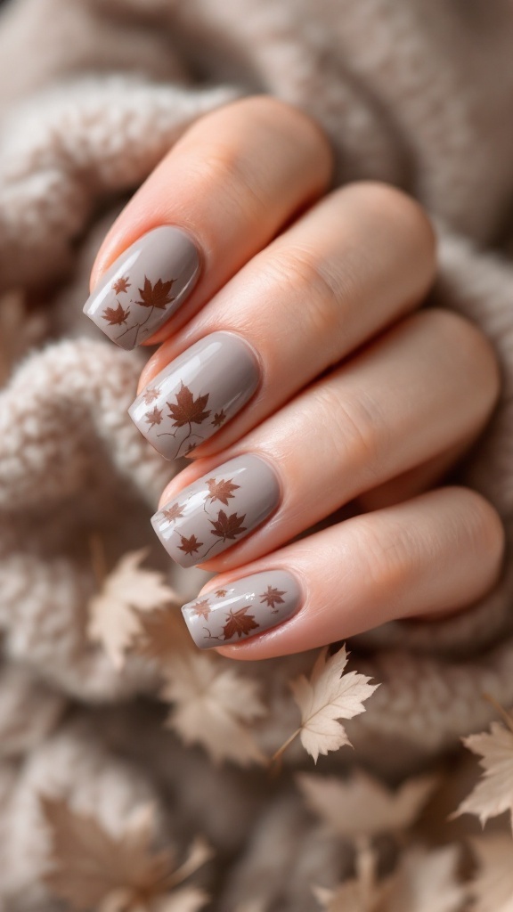 Nails painted in muted taupe with maple leaf stamping design