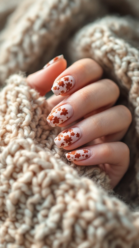 Nude nails with rusty floral patterns on a cozy knit background.